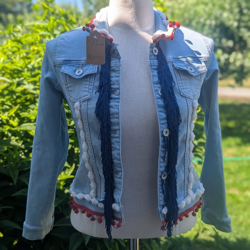 Light Blue Denim Jacket with Fringe Accents